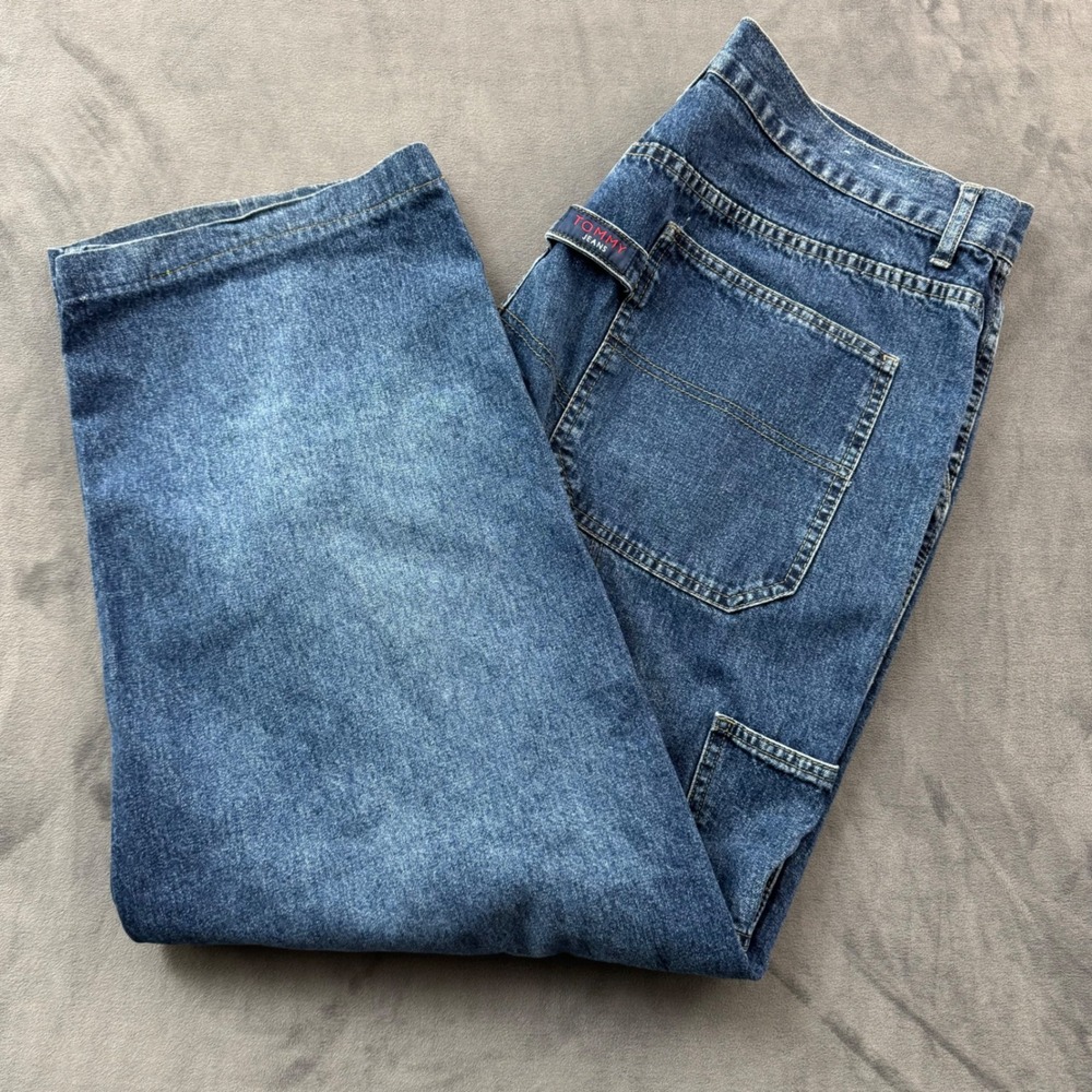 Tommy Jeans Vintage Carpenter Denim Pants Blue 38x32 Wide Leg Utility 90s